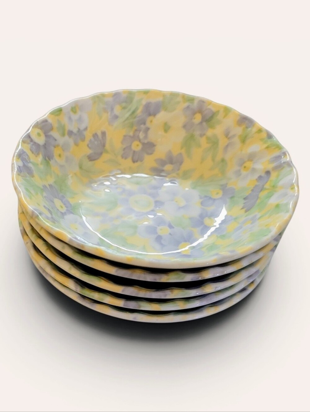 5-Pc Roman's Flower Dessert Bowl Set by Tono, Japan, Purple, Green, Yellow, EUC